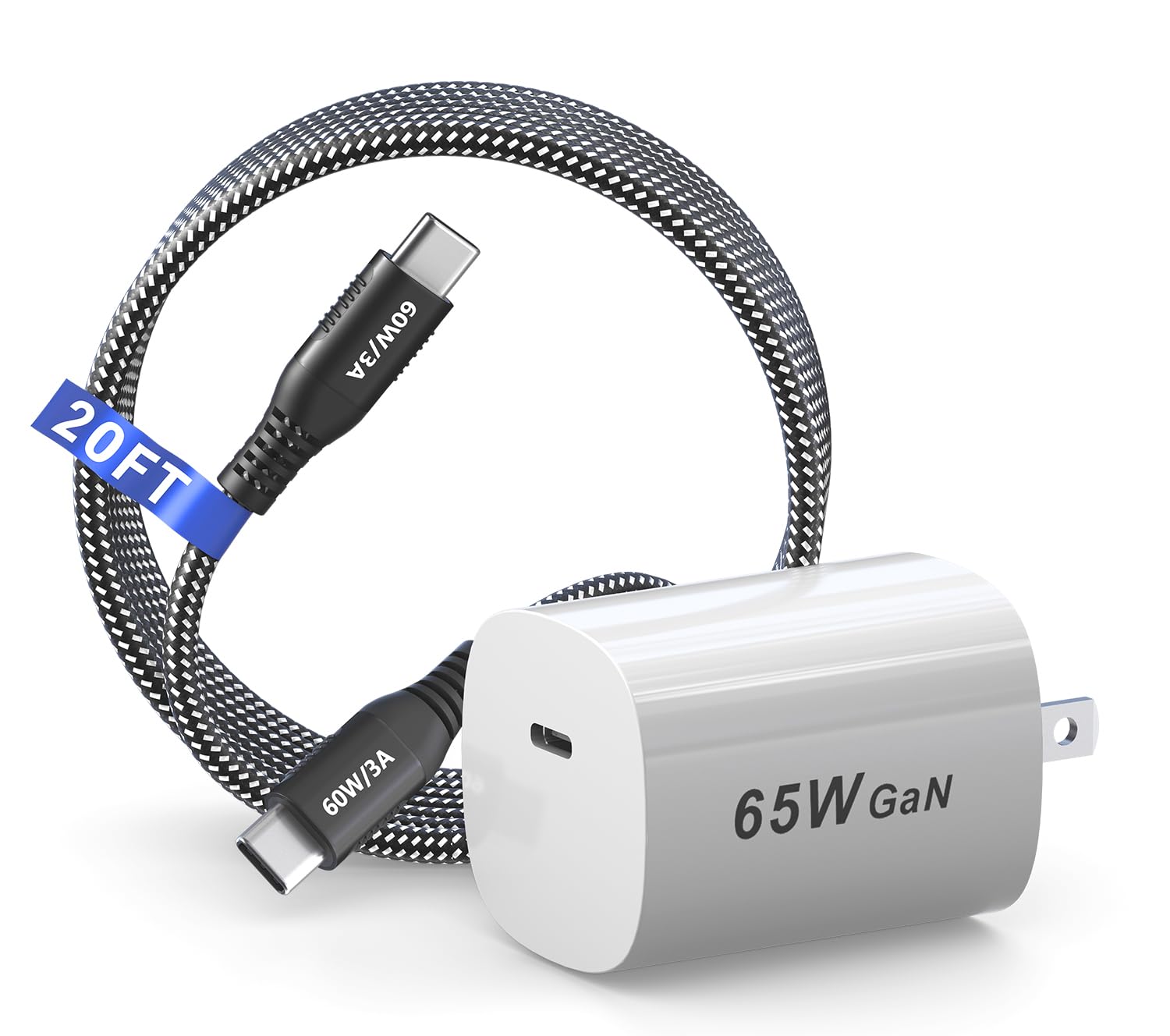 20ft USB-C to USB-C Fast Charging Cable with 65W GaN Charger