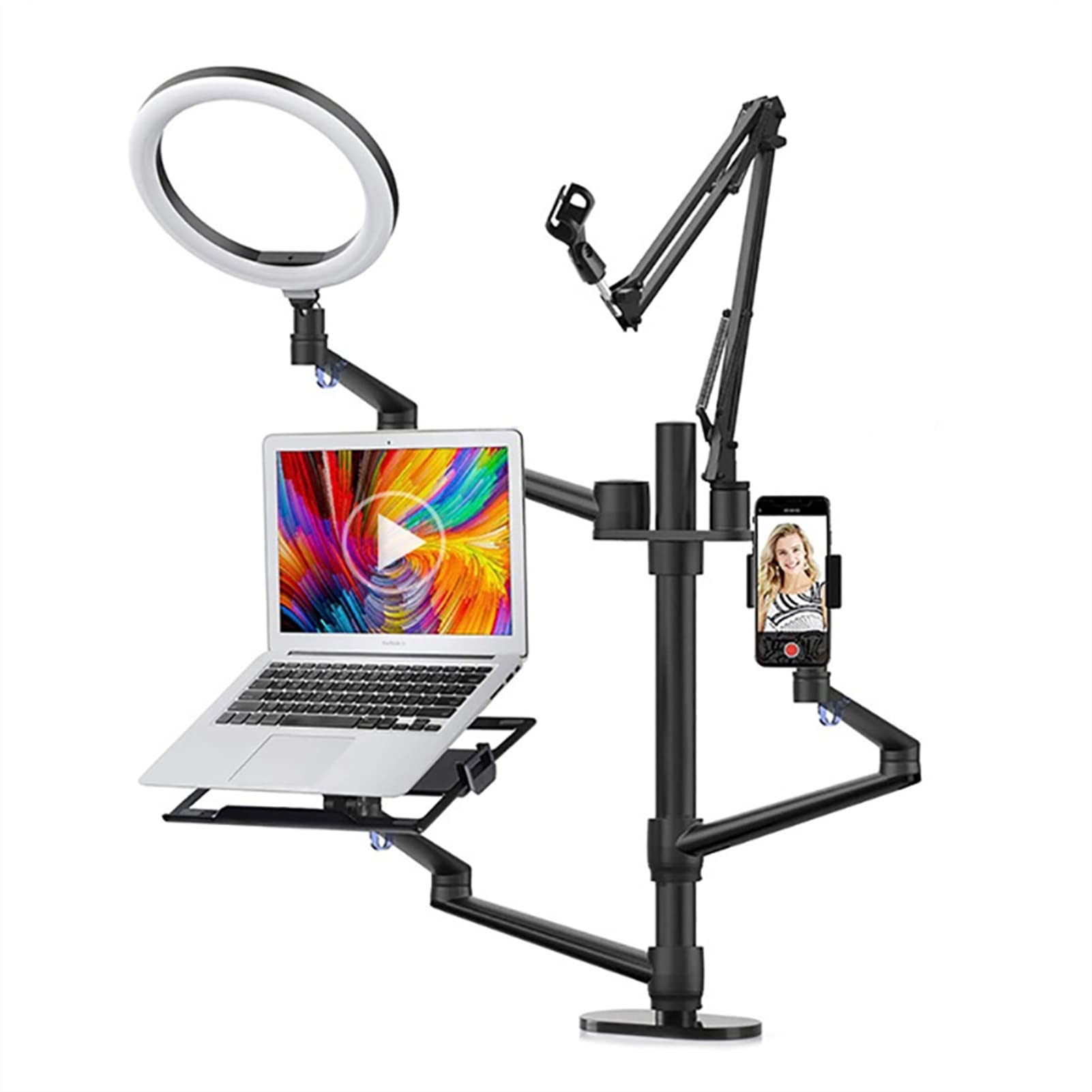 6-in-1 Desktop Streaming Stand with Ring Light & Microphone Mount