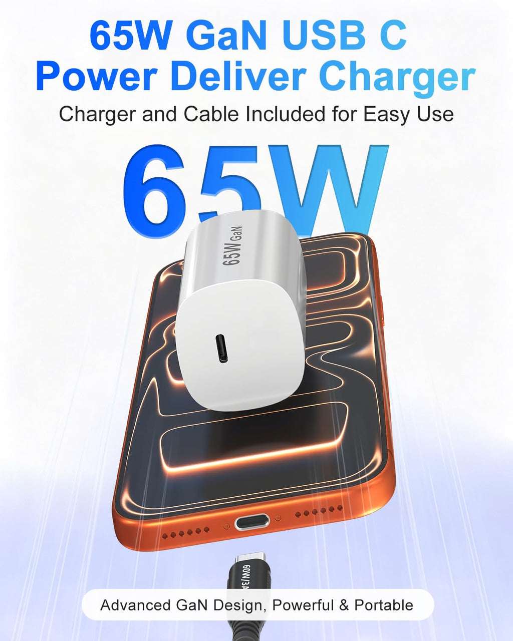 20ft USB-C to USB-C Fast Charging Cable with 65W GaN Charger