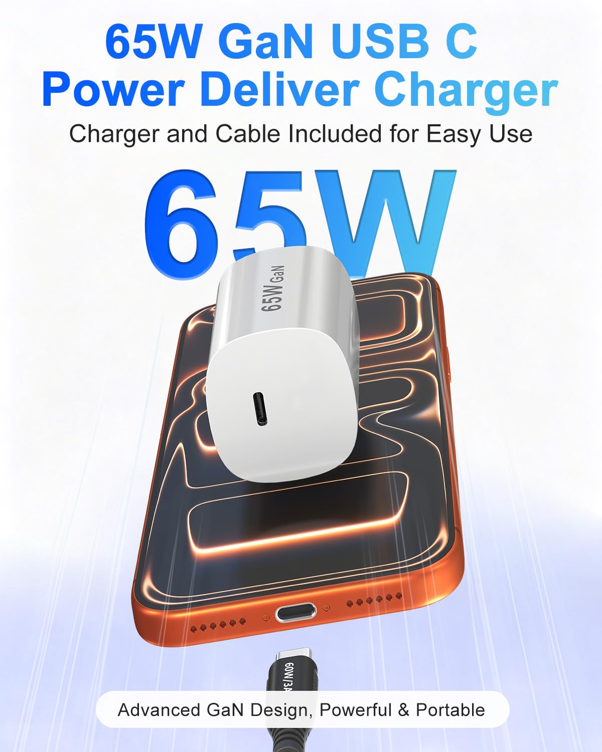 20ft USB-C to USB-C Fast Charging Cable with 65W GaN Charger