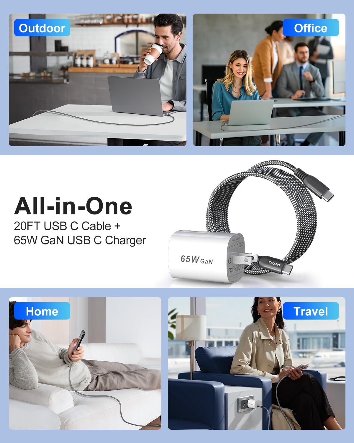 20ft USB-C to USB-C Fast Charging Cable with 65W GaN Charger