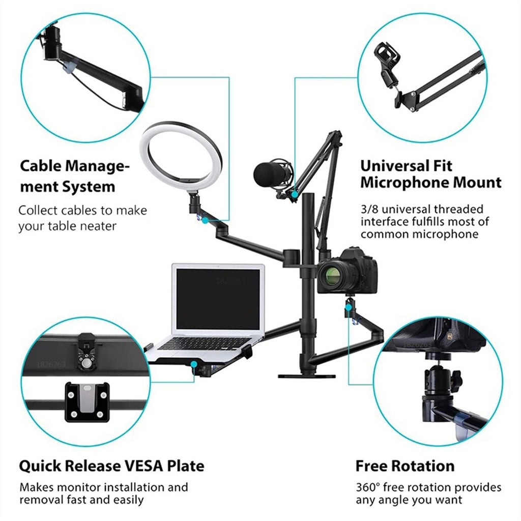 6-in-1 Desktop Streaming Stand with Ring Light & Microphone Mount