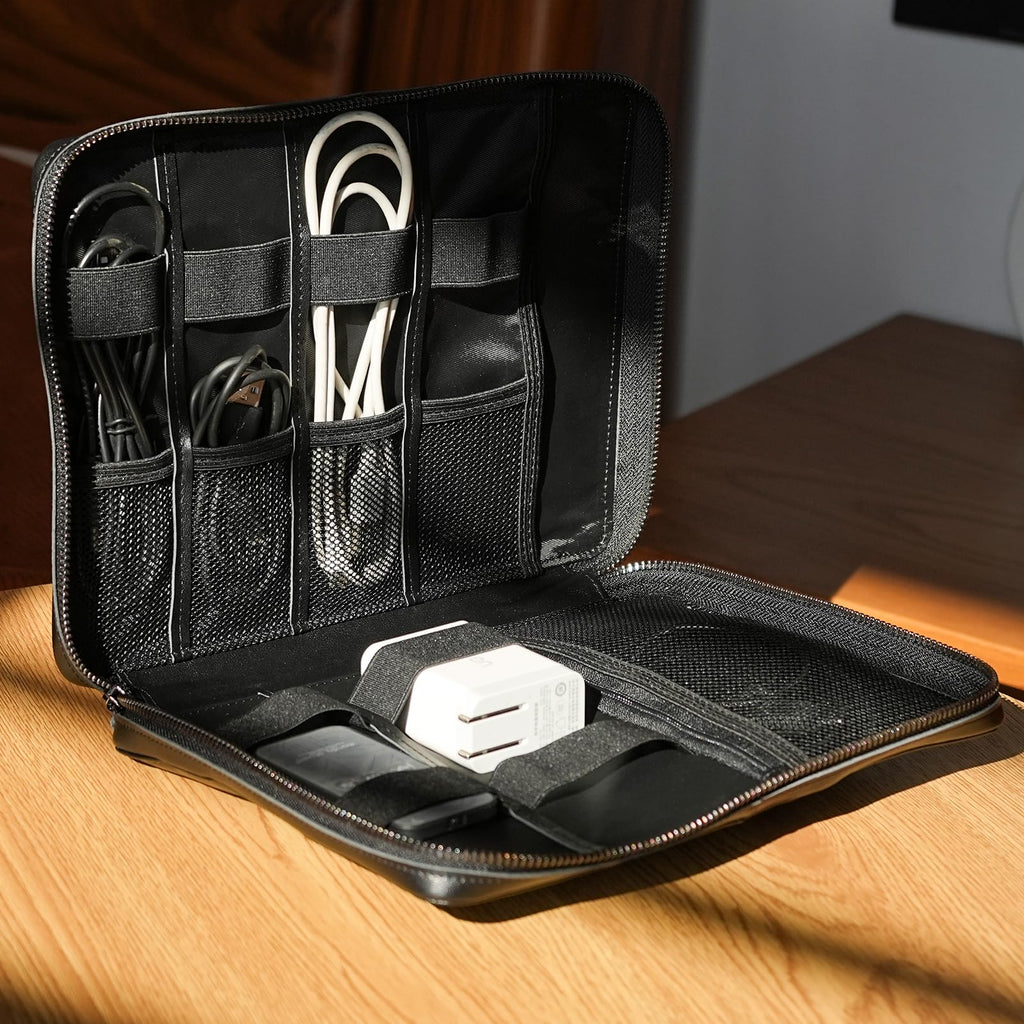 Full Grain Leather Travel Cable Organizer Case