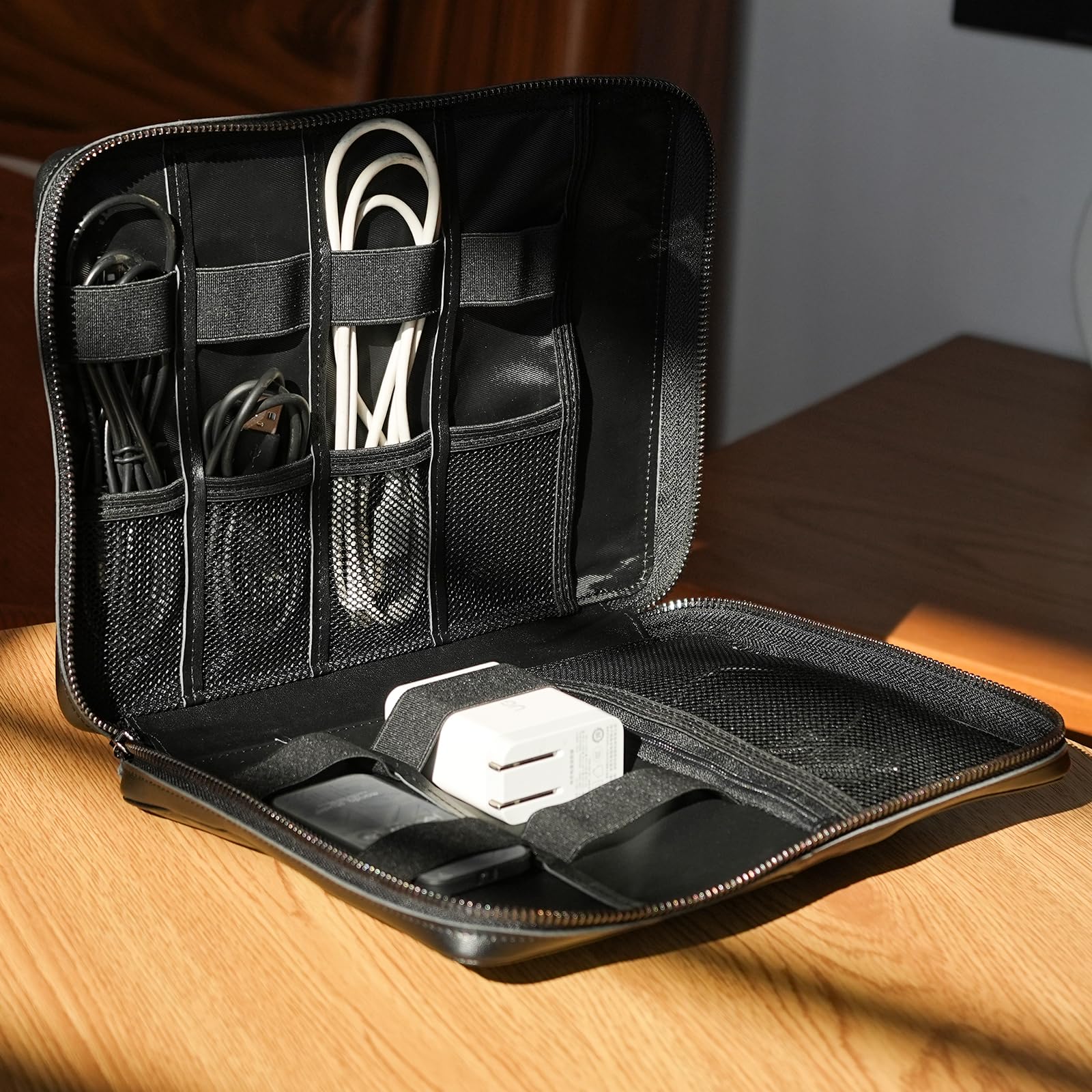 Full Grain Leather Travel Cable Organizer Case