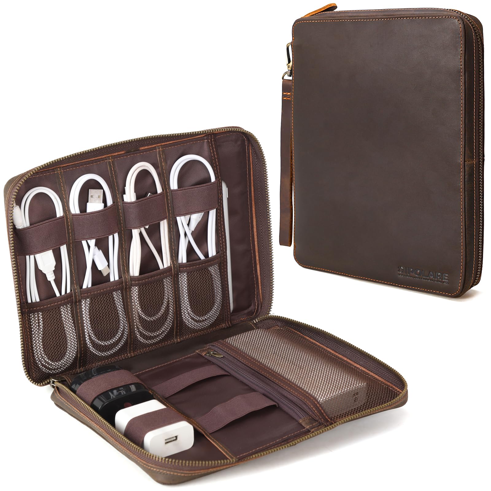Full Grain Leather Travel Cable Organizer Case