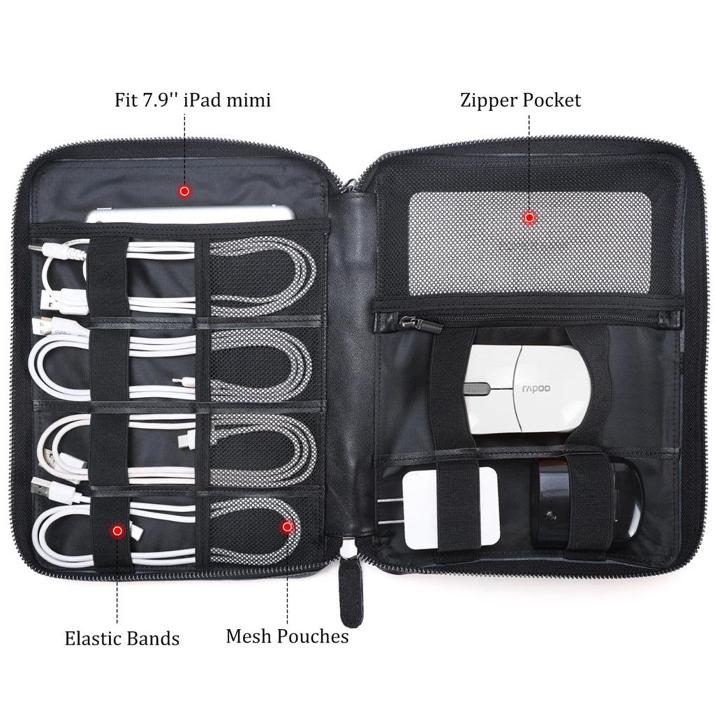 Full Grain Leather Travel Cable Organizer Case
