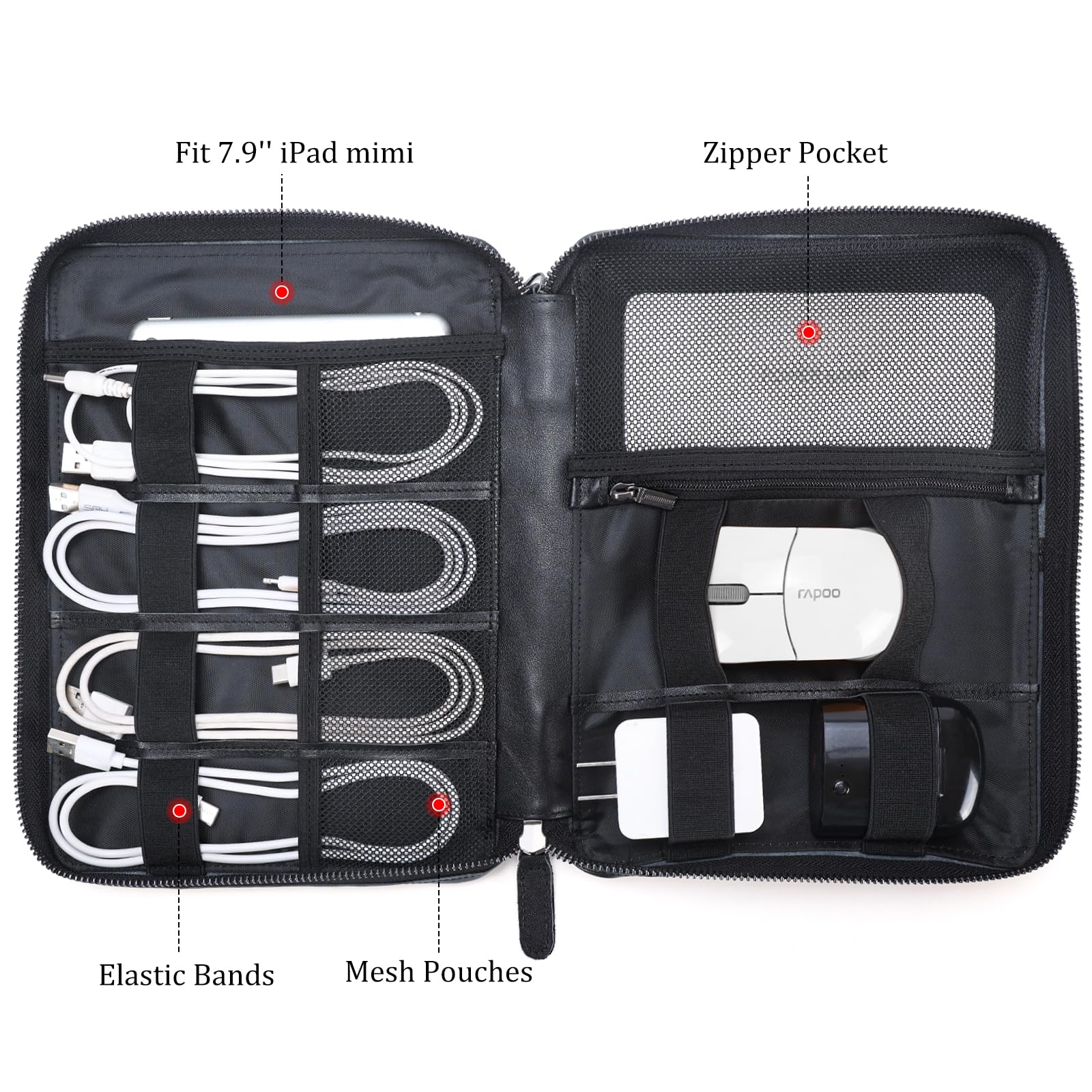 Full Grain Leather Travel Cable Organizer Case